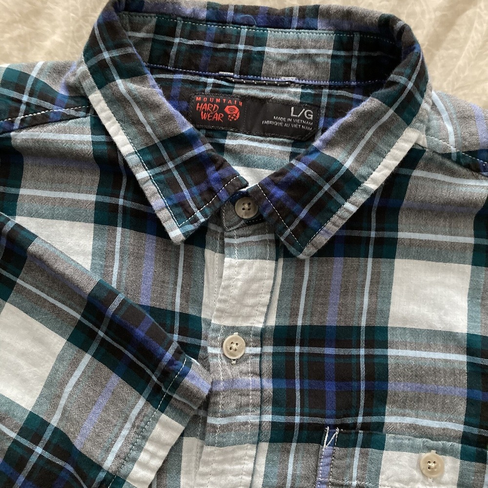 Mountain Hardwear Men L SS Button Up Lined Cotton Shirt Plaid B&W Outdoor Hiking